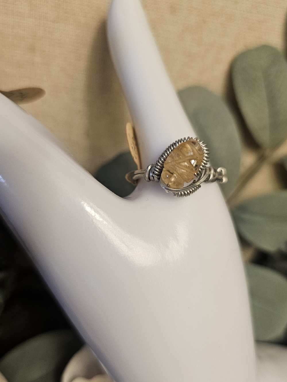 Handcrafted Silver Ring with Golden Carved Citrean Sz 9